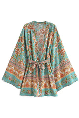 Boho Robe, Kimono Robe,  Beach Cover up, Short Robe, Elliana Rosita in Green