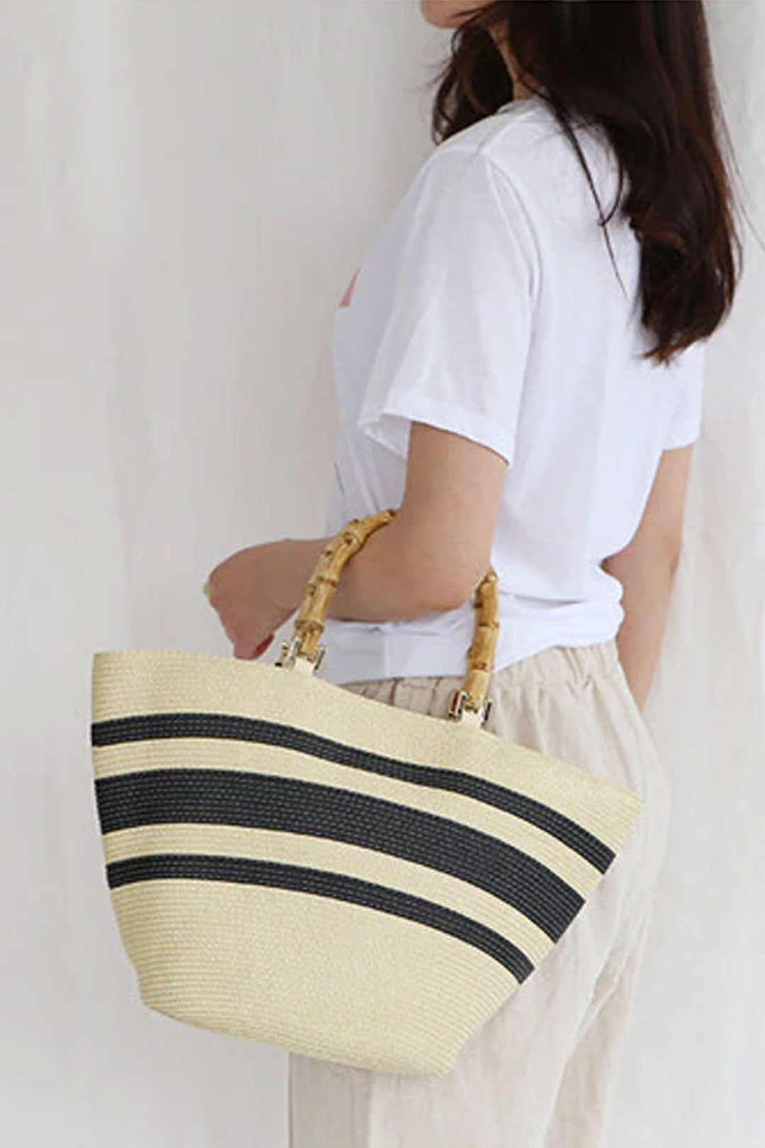 Boho Bag, Woven Grass Straw Basket Bag, Bamboo Handle in Black, Ivory, Pink and Blue