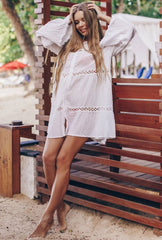 Boho Mini Dress - Beach Tunic - White Yuka