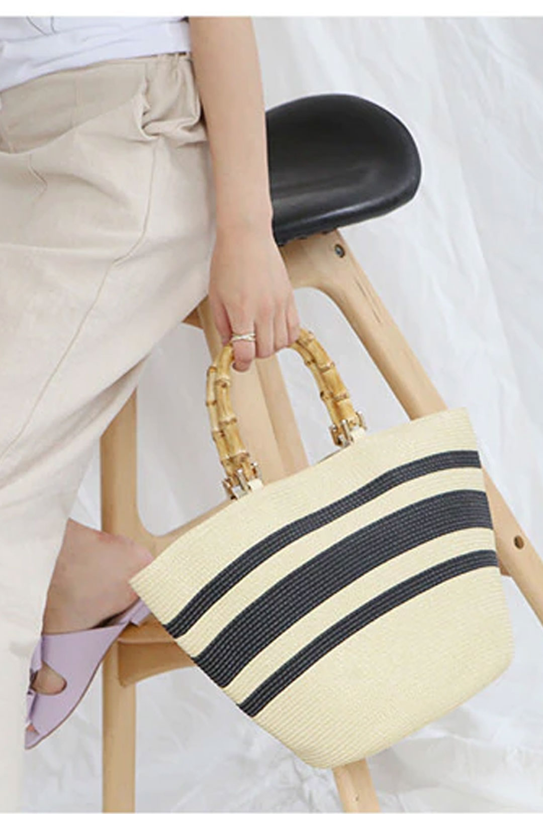Boho Bag, Woven Grass Straw Basket Bag, Bamboo Handle in Black, Ivory, Pink and Blue