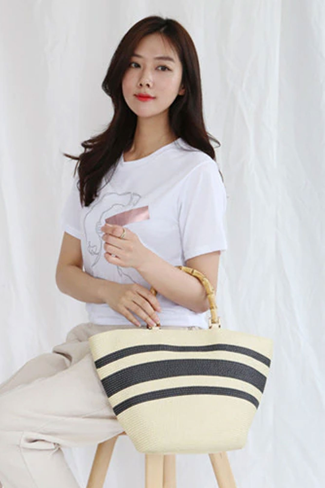 Boho Bag, Woven Grass Straw Basket Bag, Bamboo Handle in Black, Ivory, Pink and Blue