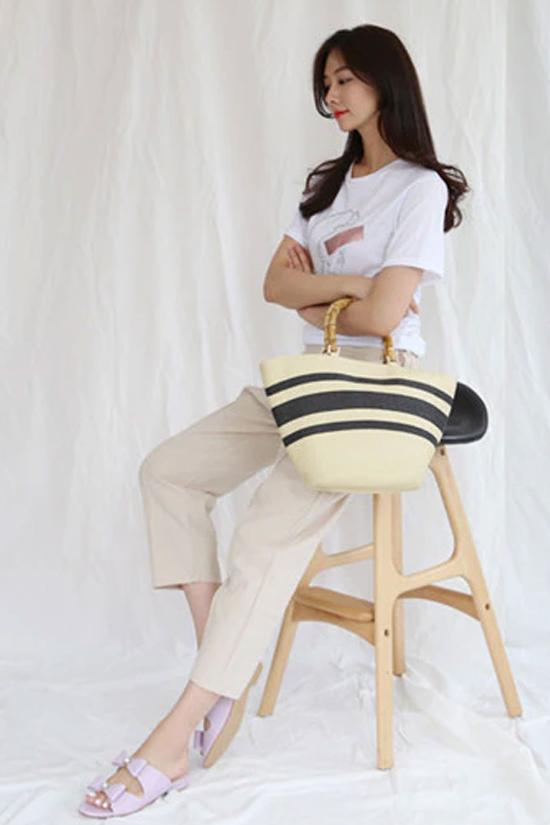 Boho Bag, Woven Grass Straw Basket Bag, Bamboo Handle in Black, Ivory, Pink and Blue
