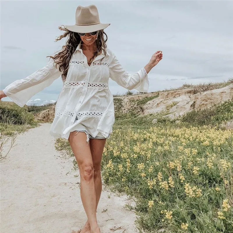 Boho Mini Dress - Beach Tunic - White Yuka