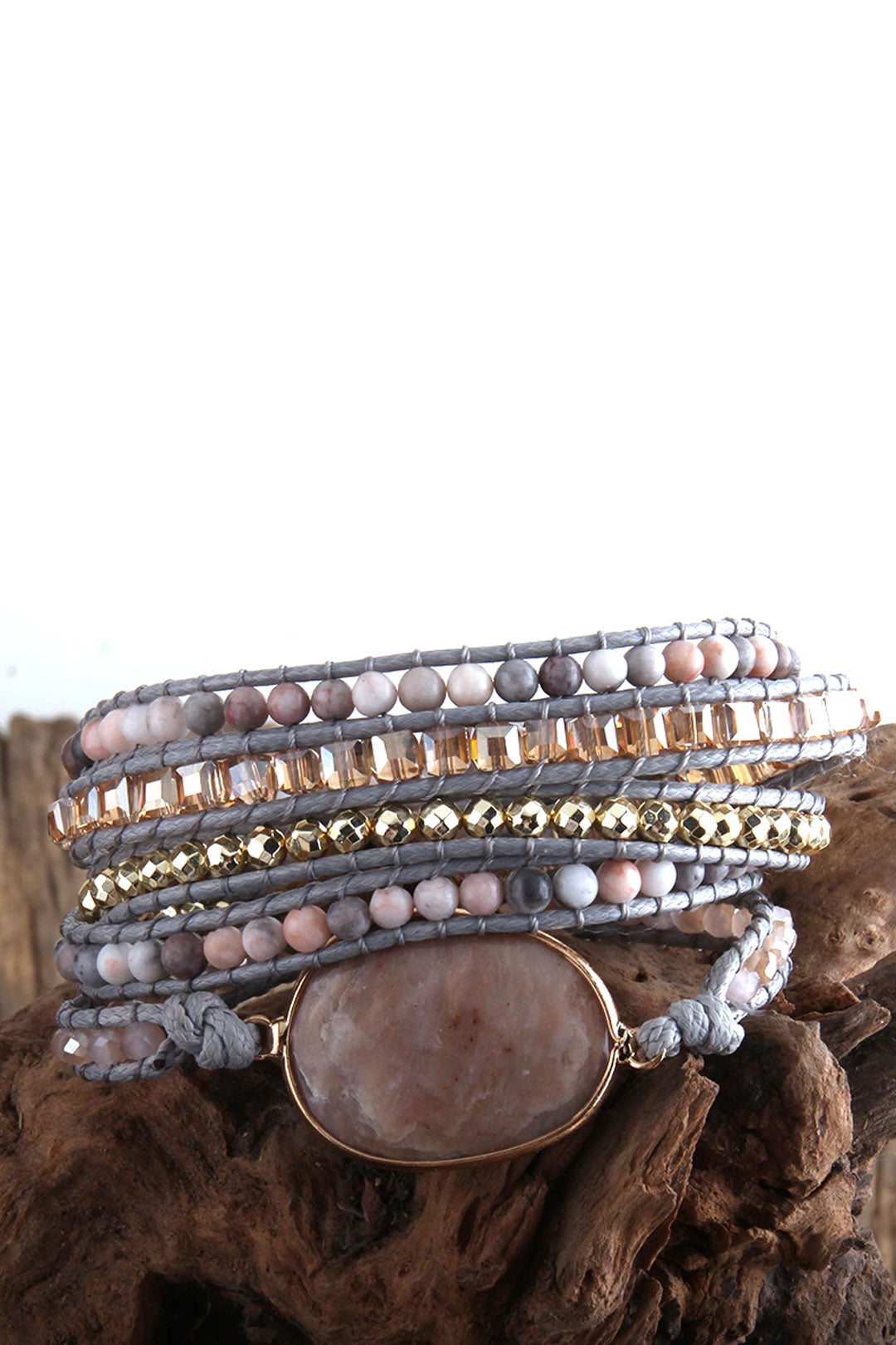 Boho Bracelet, RH 5 Layers Leather Wrap Bracelet, Natural Stones, Rose Quarts Silver