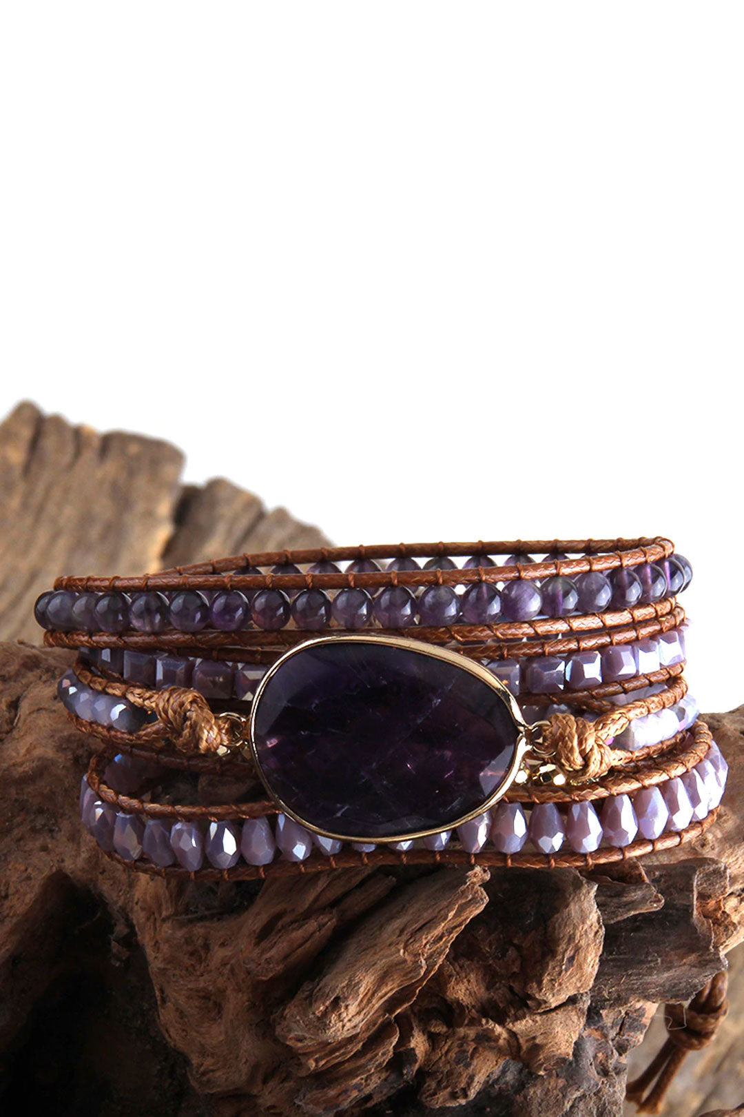 Boho Bracelet, RH 5 Layers Leather Wrap Bracelet, Natural Stones, Rose Quarts Silver