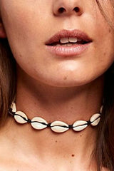 Boho Necklace, White Puka Shell, Black Ocean