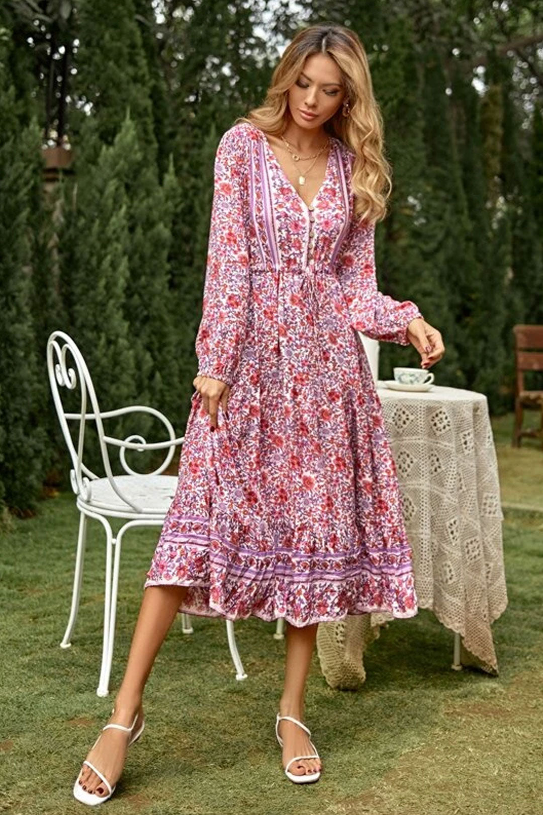 Boho Maxi Dress, Sundress, Pink Purple Rose