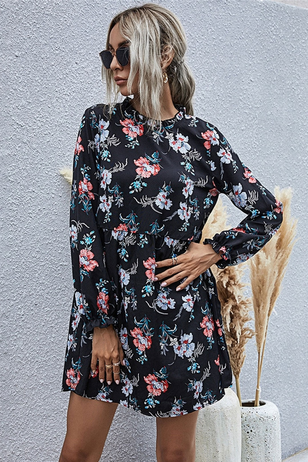 Boho Mini Dress Black Luna Floral Dress