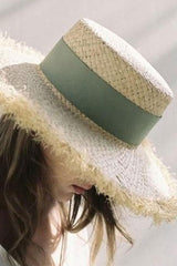 Boho Hat, Sun Hat, Beach Hat, Fringed Wide Brim Raffia Straw Hat, Ribbon