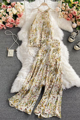 Vintage Two Piece Set, Boho Matching Crop Top and Palazzo Pant,  Andrea Sweet Flowerin White, Yellow and Pink