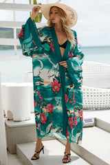 Boho Robe, Kimono Robe, Silk robe, Beach Cover up, Green Crane