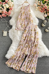 Vintage Two Piece Set, Boho Matching Crop Top and Palazzo Pant,  Andrea Sweet Flowerin White, Yellow and Pink