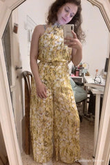 Vintage Two Piece Set, Boho Matching Crop Top and Palazzo Pant,  Andrea Sweet Flowerin White, Yellow and Pink
