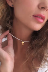 Boho Personalized Custom Necklace, Seed Bead Choker, Pearl Heart Gold Letter Name