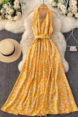 Vintage Dress, Boho Maxi Dress, Halter Neck Drees, Yellow Blue Daisy
