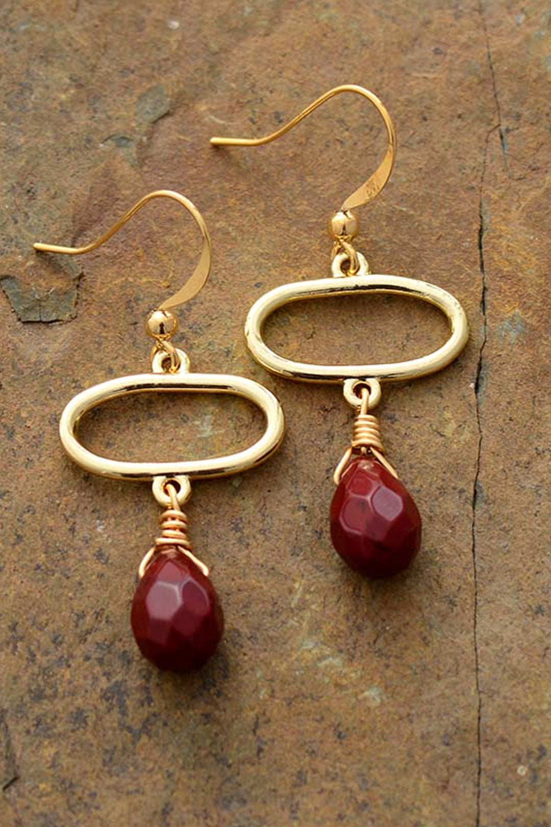 Boho Earrings, Dangle Earrings, Ellipse Red Jaspers