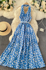 Vintage Dress, Boho Maxi Dress, Halter Neck Drees, Yellow Blue Daisy