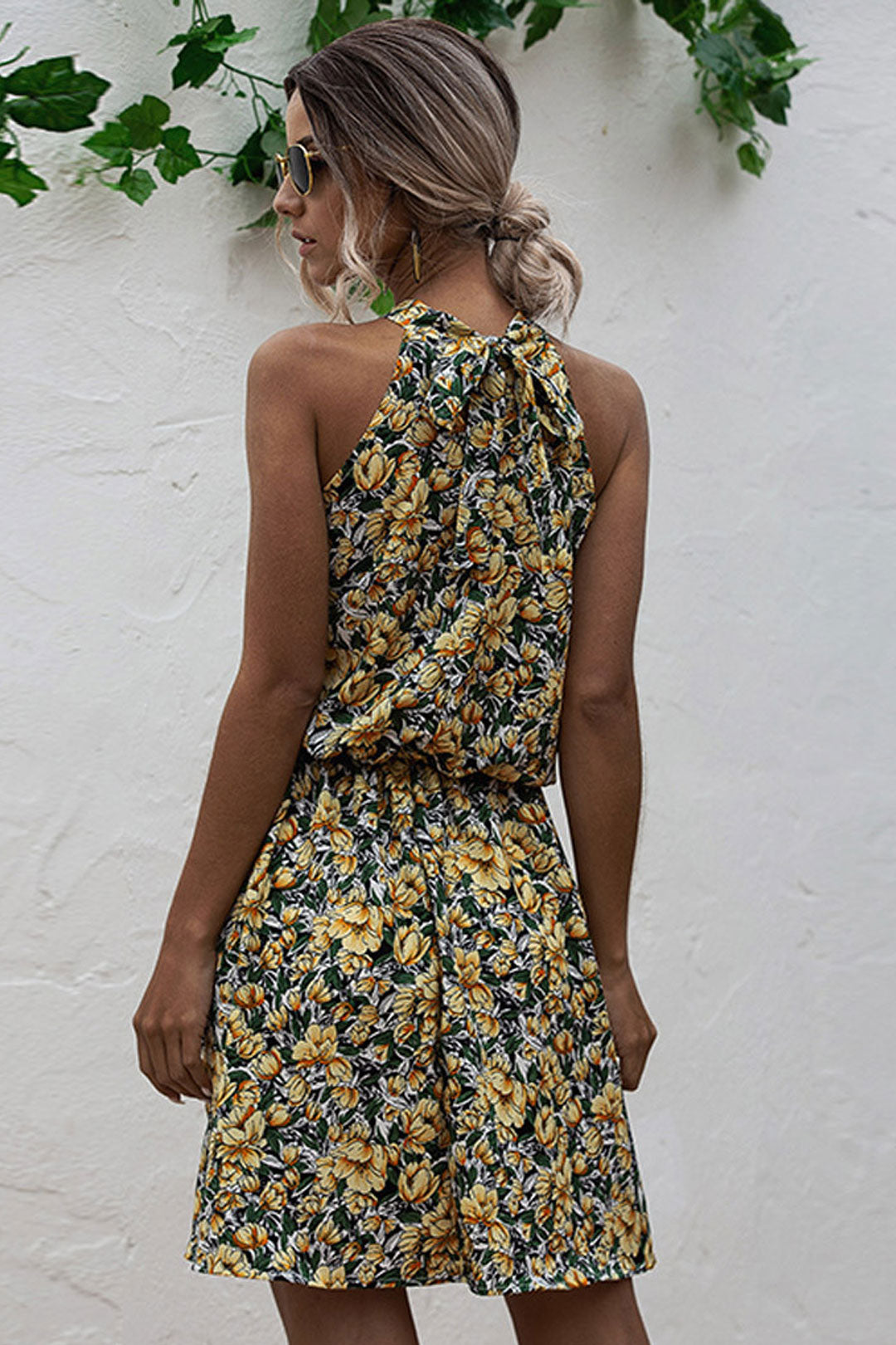 Boho Mini Dress Halter Dress, Meadowsweet in Yellow Tulip