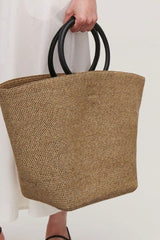 Boho Bag, Woven Grass Straw Absket Bag, Black Handle