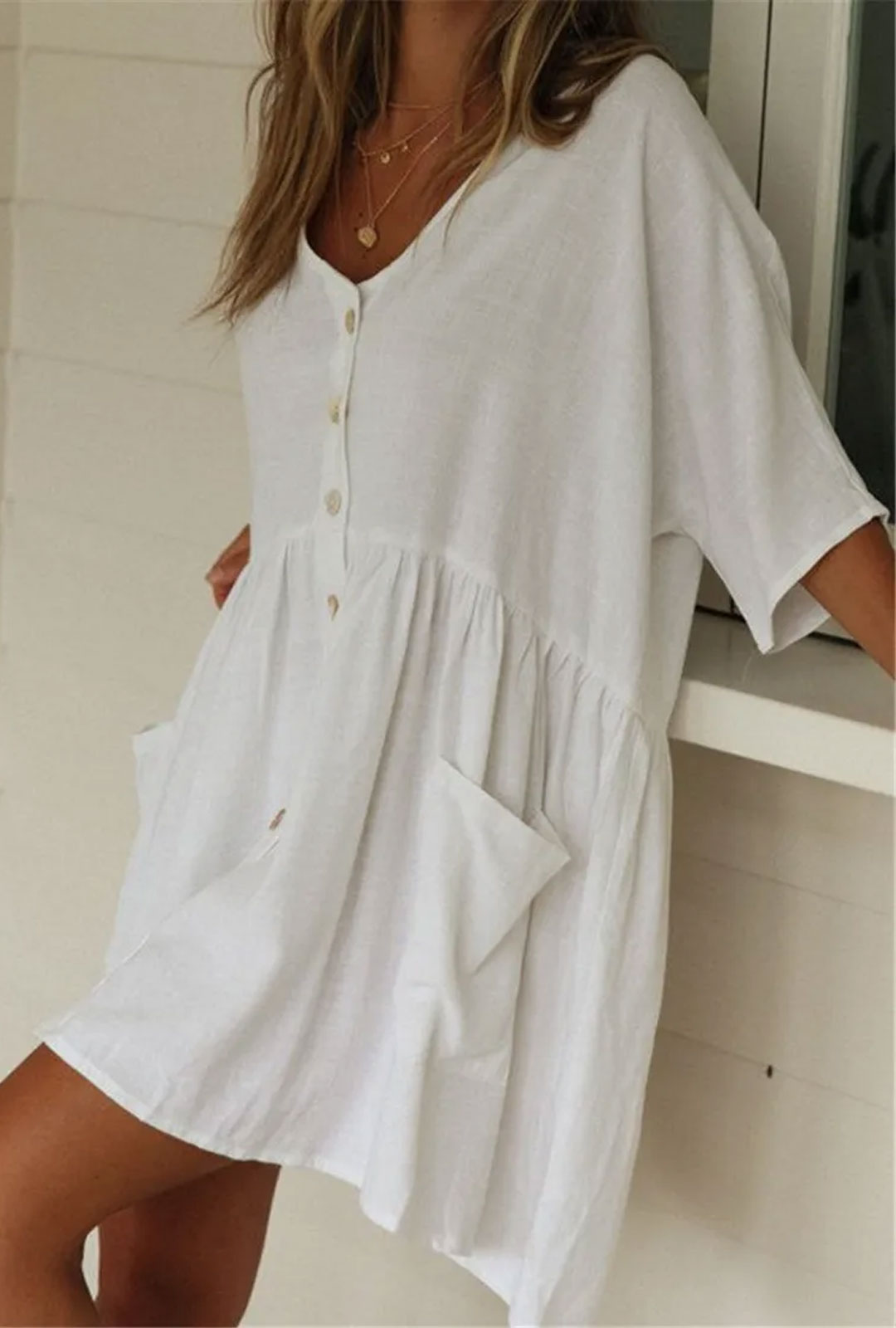 Boho Mini Dress - Beach Tunic - White Halle