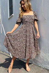 Boho Midi Dress, Off  Shoulder Smocked Dress, Vintage Brown Gabriella