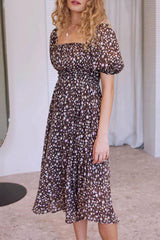 Boho Midi Dress, Off  Shoulder Smocked Dress, Vintage Brown Gabriella