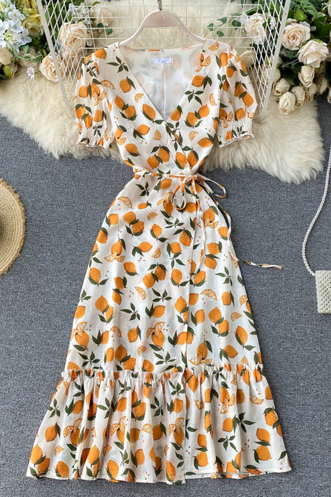 Vintage Dress, Boho Midi Dress, Dress, Retro Yellow Lemon Garden