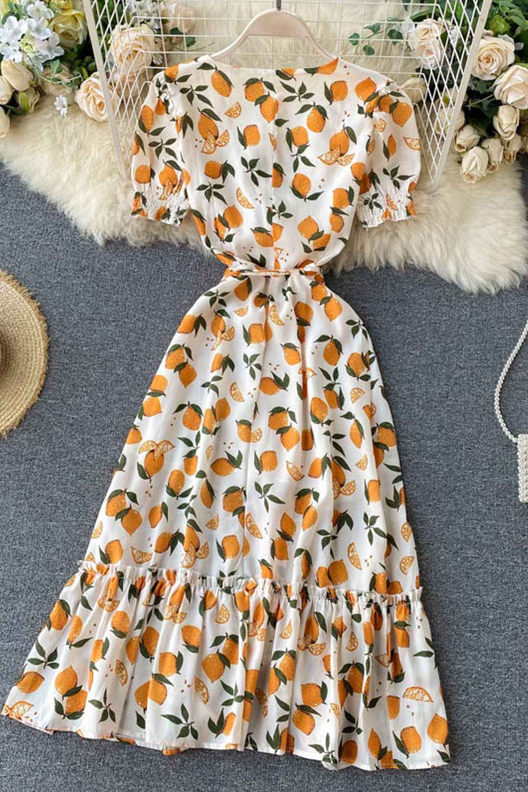 Vintage Dress, Boho Midi Dress, Dress, Retro Yellow Lemon Garden
