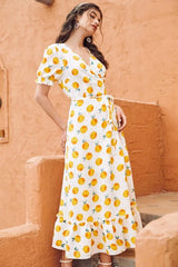Vintage Dress, Boho Midi Dress, Dress, Retro Yellow Lemon Garden