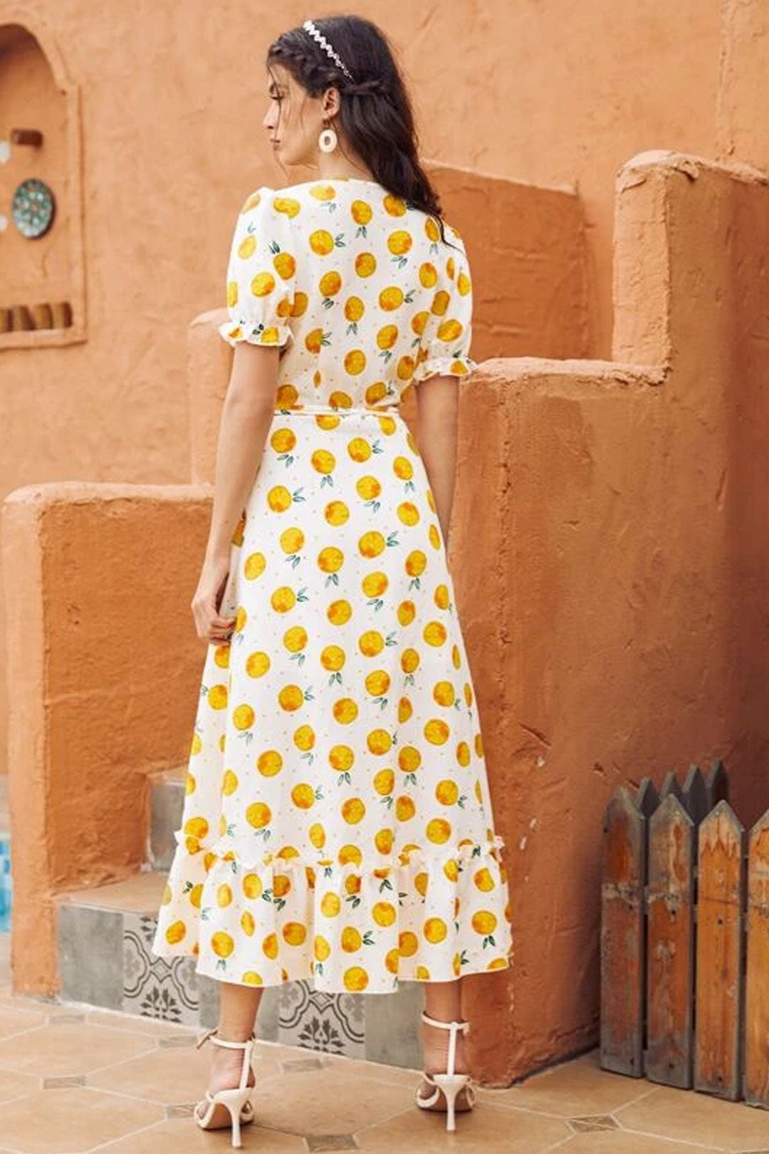 Vintage Dress, Boho Midi Dress, Dress, Retro Yellow Lemon Garden