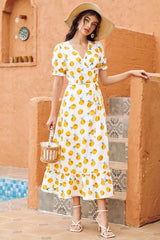 Vintage Dress, Boho Midi Dress, Dress, Retro Yellow Lemon Garden
