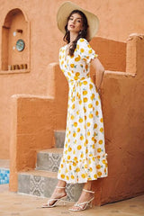 Vintage Dress, Boho Midi Dress, Dress, Retro Yellow Lemon Garden