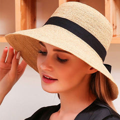 Boho Hat, Sun Straw Hat, Vintage Elodie with Black and White Ribbon