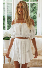 Boho Two Piece Set, Crop Top and Skirt, Doll's eyes in White