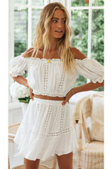 Boho Two Piece Set, Crop Top and Skirt, Doll's eyes in White