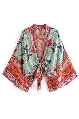 Boho Robe, Kimono Robe,  Beach Cover up, Short Robe, Maribel Peony Green