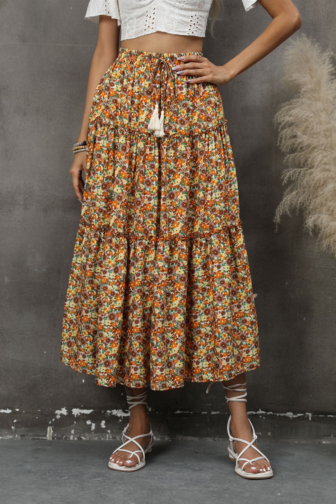 Boho Skirt, Hippie Skirts, Maxi Skirt, Flower Ruffle in Orange