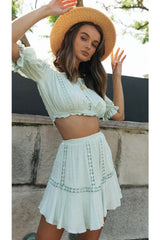 Boho Two Piece Set, Crop Top and Skirt, Doll's eyes in Green