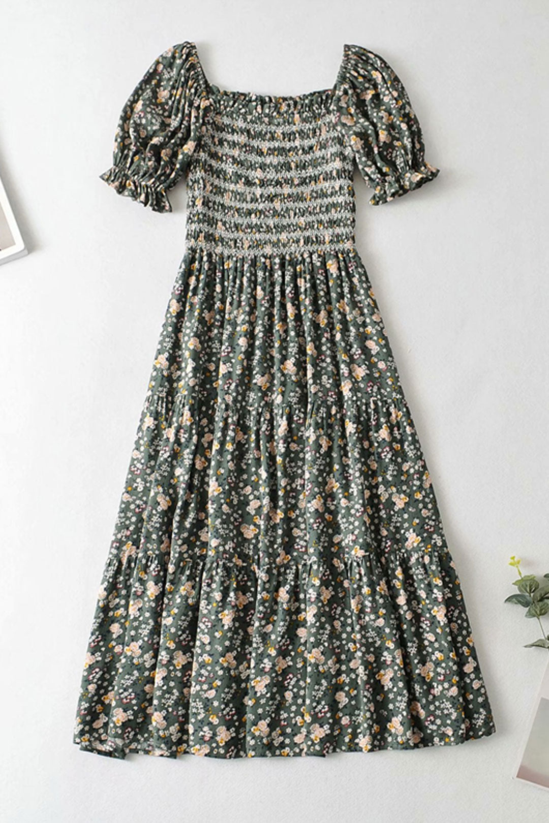 Boho Midi Dress, Sundress, Puff Junifer Green