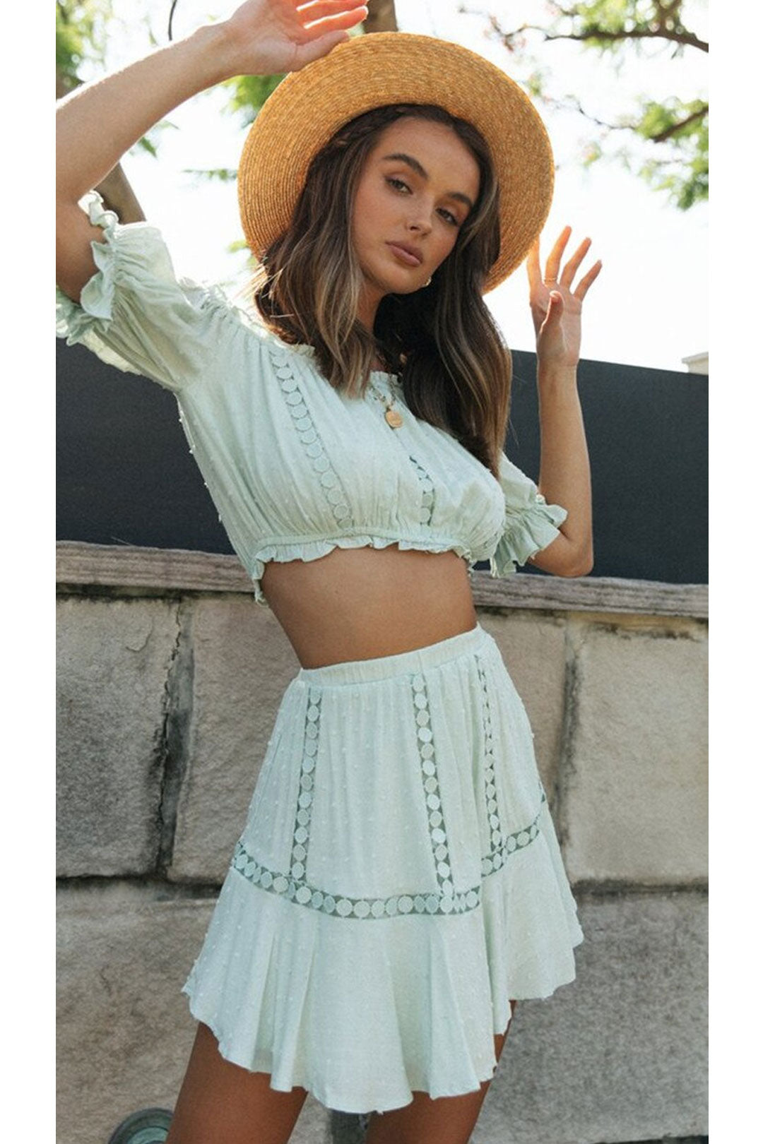 Boho Two Piece Set, Crop Top and Skirt, Doll's eyes in White