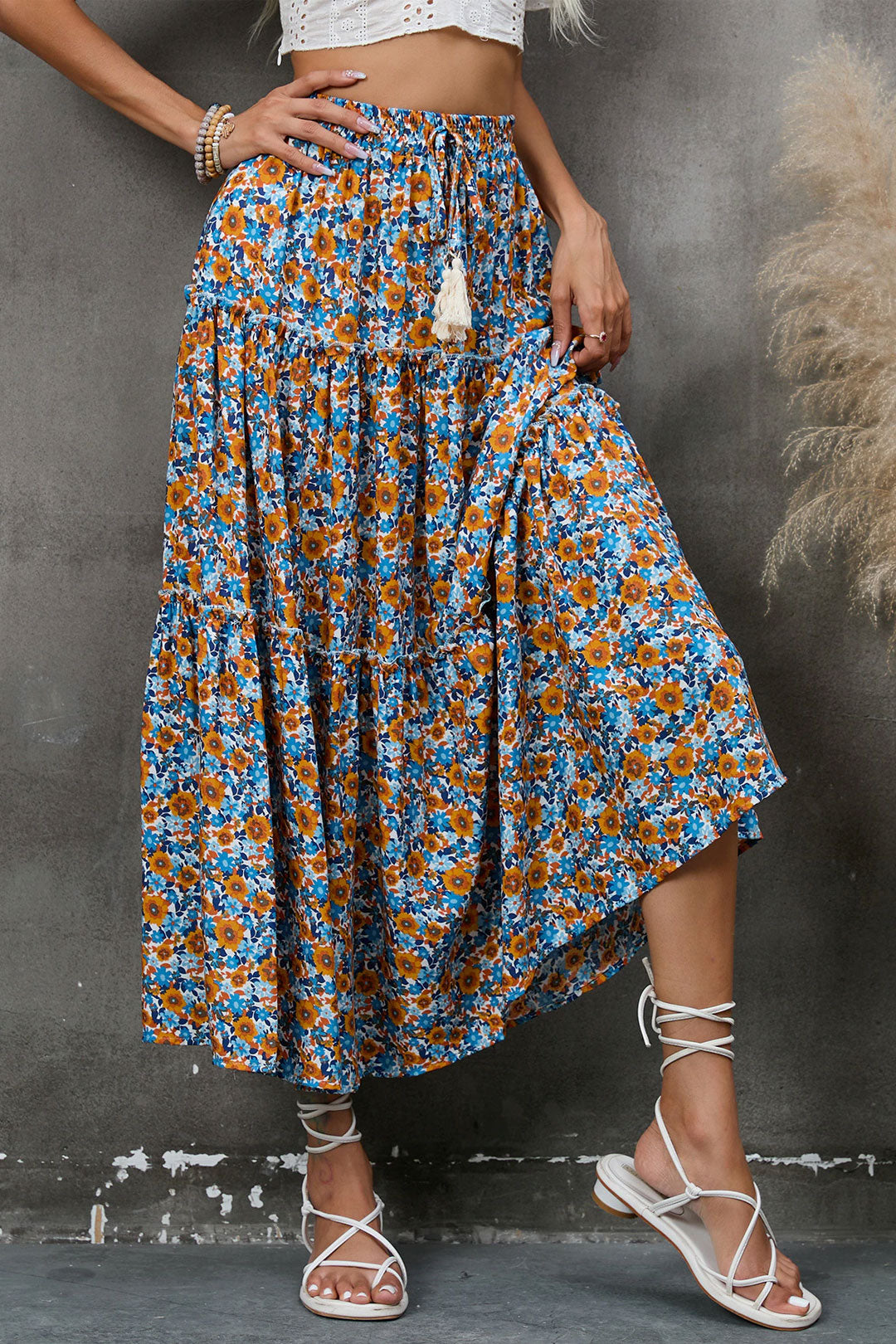 Boho Skirt, Hippie Skirts, Maxi Skirt, Flower Ruffle in Blue