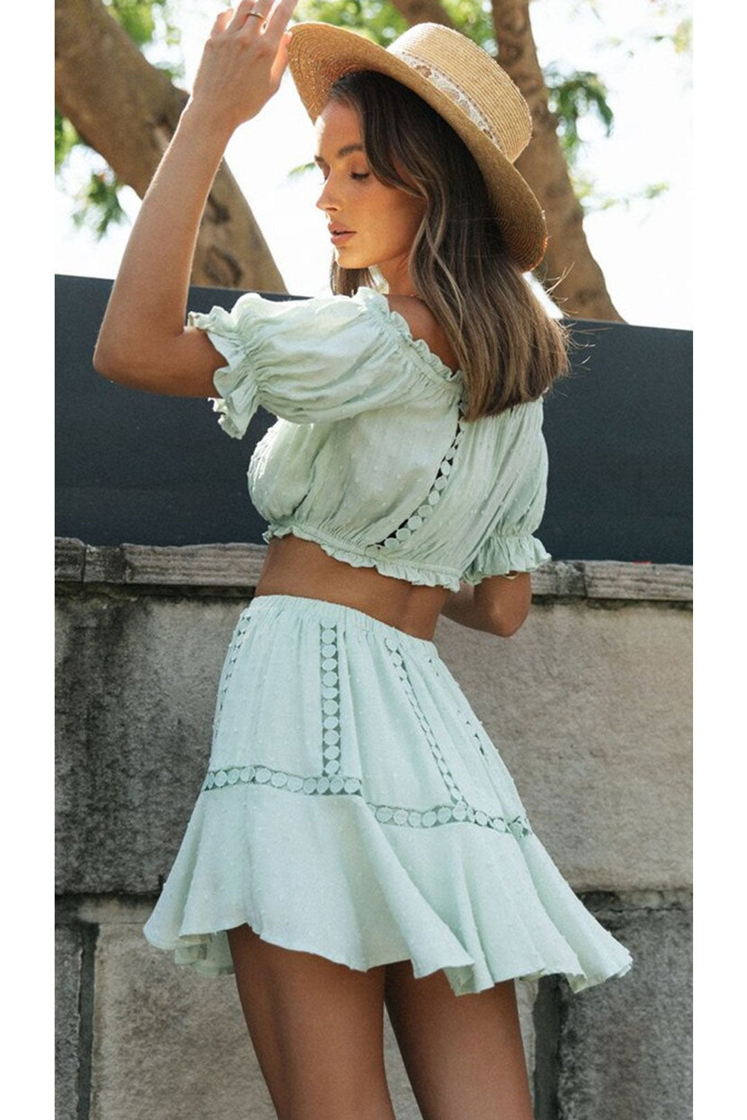 Boho Two Piece Set, Crop Top and Skirt, Doll's eyes in White