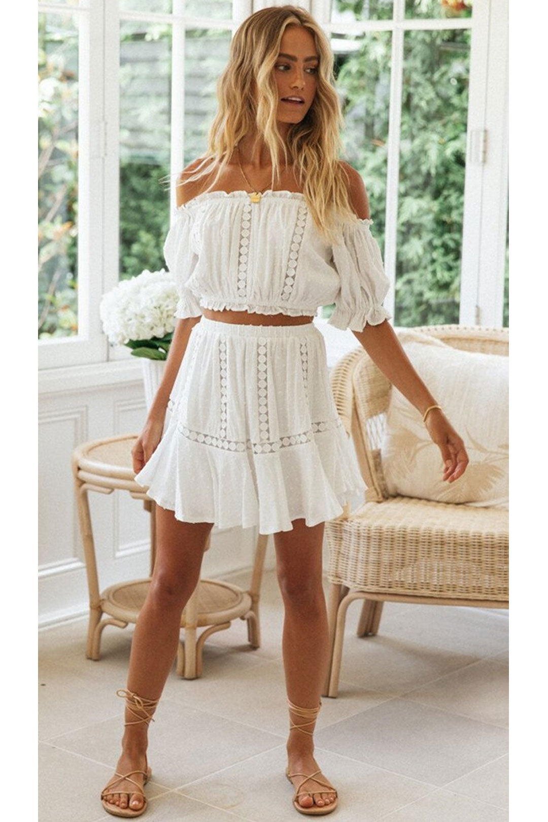 Boho Two Piece Set, Crop Top and Skirt, Doll's eyes in White