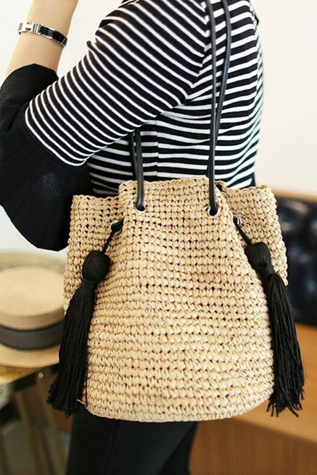 Boho Bag, Woven Straw Rope Bag, Brown Leisure Bucket bag
