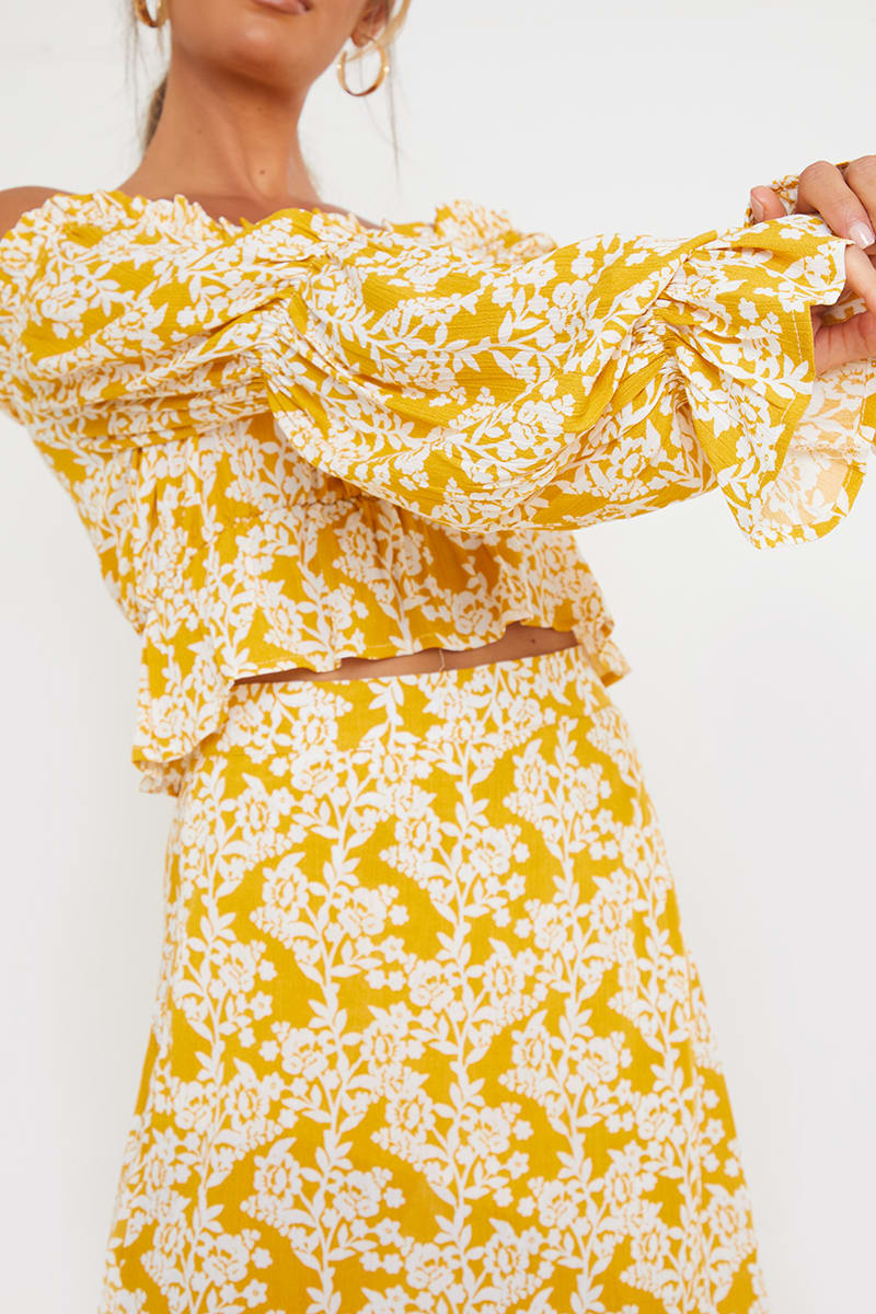 Boho Two Piece Set, Crop Top and Skirt, Vintage Oroslavje in Yellow