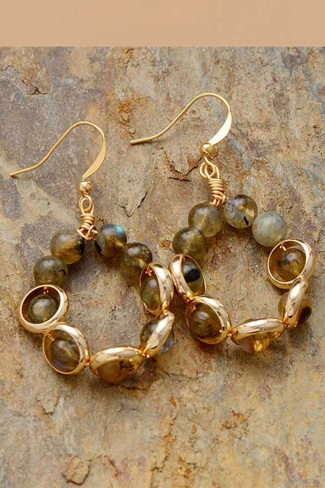 Boho Earrings, Dangle Earrings, Gold Loop Labradorite