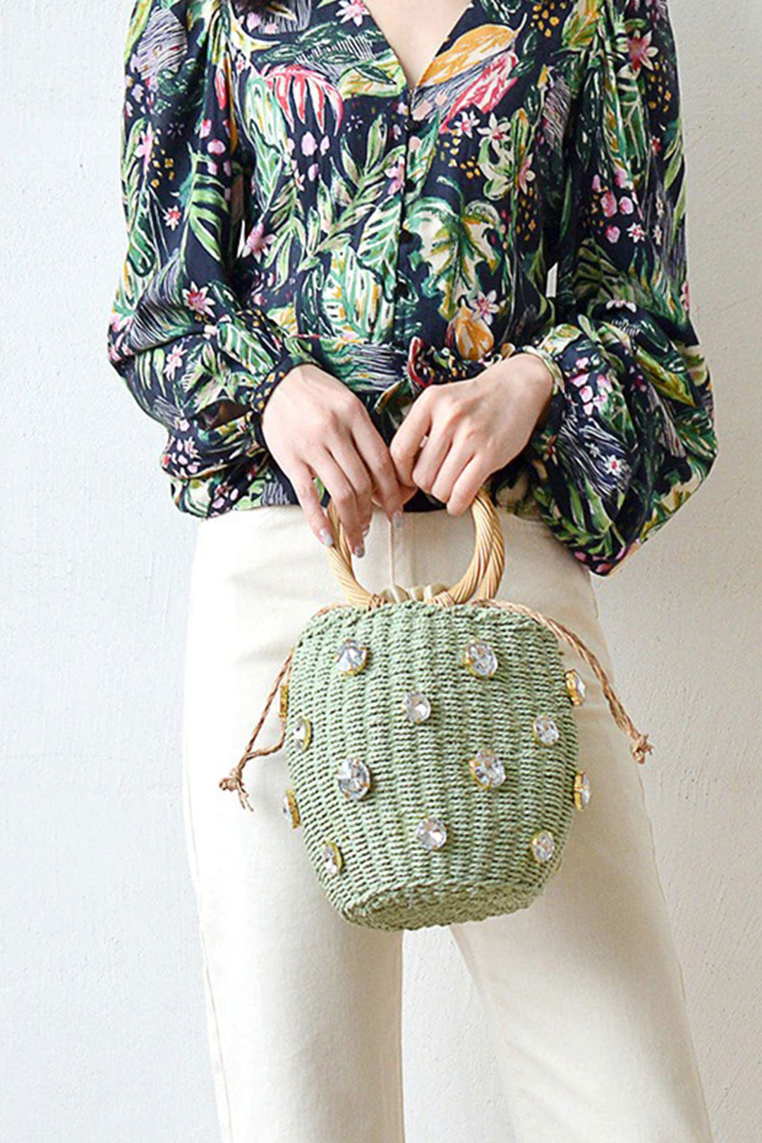 Boho Bag, Woven Straw Rope Busket Bag, Flower Busket in Brown and Ivory