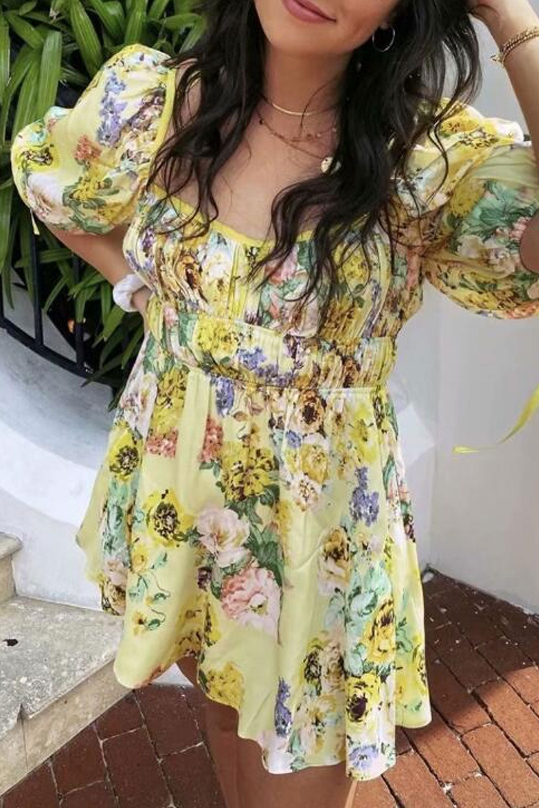 Boho Mini Dress Sundress, Vintage Elena Yellow Flower Garden