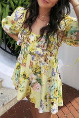 Boho Mini Dress Sundress, Vintage Elena Yellow Flower Garden