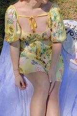 Boho Mini Dress Sundress, Vintage Elena Yellow Flower Garden